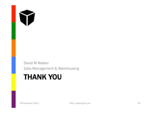David M Walker
Data Management & Warehousing

THANK YOU

26 November 2013

http://datamgmt.com

32

 