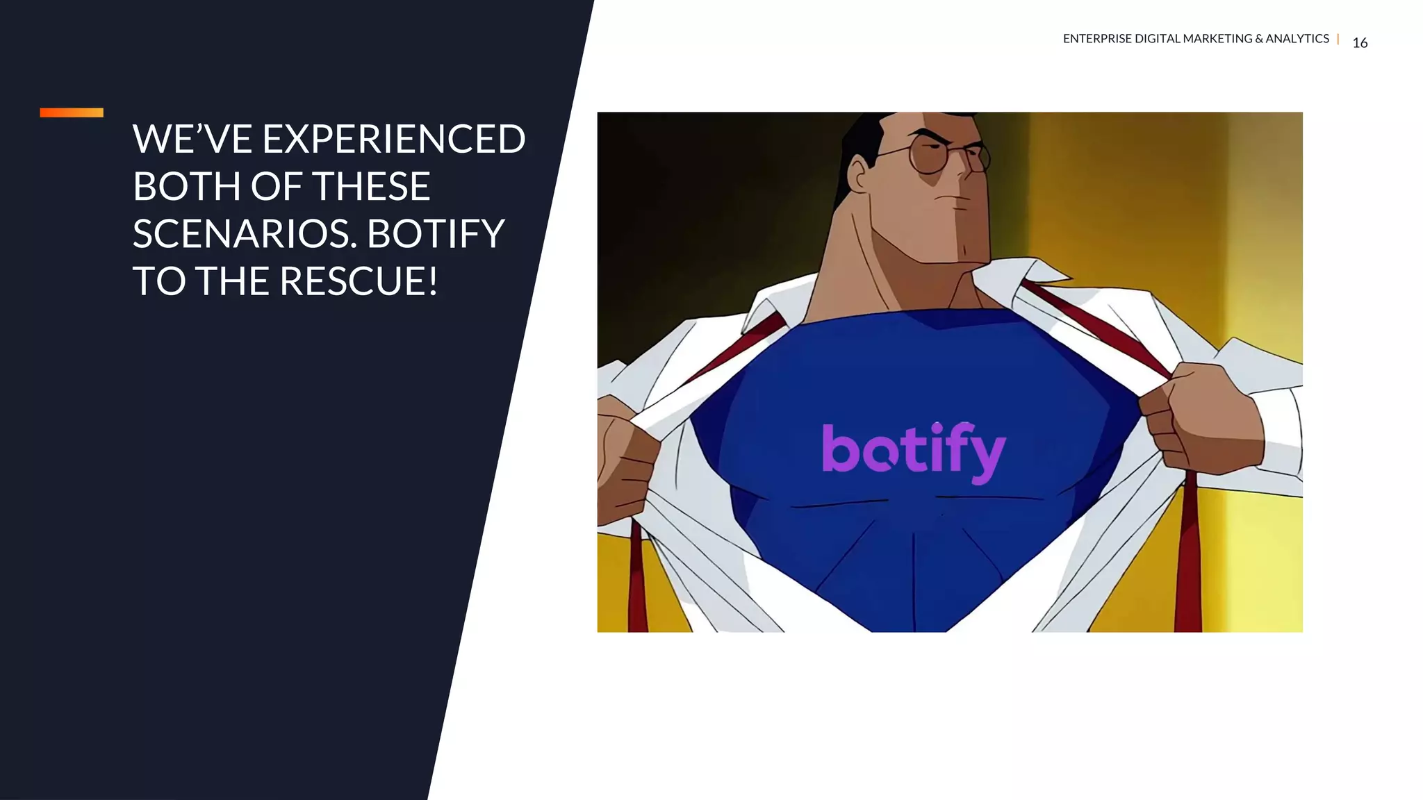 DIGITAL MARKETING & ANALYTICS |
ENTERPRISE DIGITAL MARKETING & ANALYTICS |
WE’VE EXPERIENCED
BOTH OF THESE
SCENARIOS. BOTIFY
TO THE RESCUE!
16
 