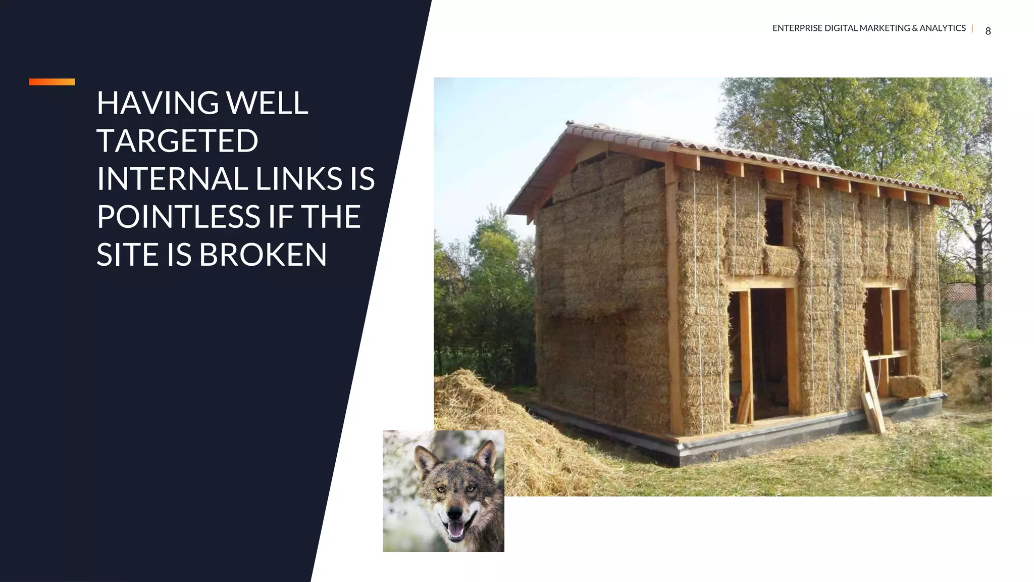 DIGITAL MARKETING & ANALYTICS |
ENTERPRISE DIGITAL MARKETING & ANALYTICS |
HAVING WELL
TARGETED
INTERNAL LINKS IS
POINTLESS IF THE
SITE IS BROKEN
8
 