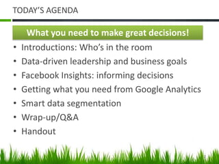 TODAY’S AGENDA
• Introductions: Who’s in the room
• Data-driven leadership and business goals
• Facebook Insights: informing decisions
• Getting what you need from Google Analytics
• Smart data segmentation
• Wrap-up/Q&A
• Handout
What you need to make great decisions!
2
 