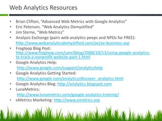 Web Analytics Resources
• Brian Clifton, “Advanced Web Metrics with Google Analytics”
• Eric Petersen, “Web Analytics Demystified”
• Jim Sterne, “Web Metrics”
• Analysis Exchange (pairs web analytics peeps and NPOs for FREE):
http://www.webanalyticsdemystified.com/ae/ae-business.asp
• Frogloop Blog Post:
http://www.frogloop.com/care2blog/2008/10/13/using-google-analytics-
to-track-a-nonprofit-website-part-1.html
• Google Analytics Help:
http://www.google.com/support/analyticshelp
• Google Analytics Getting Started:
http://www.google.com/analytics/discover_analytics.html
• Google Analytics Blog: http://analytics.blogspot.com
• LunaMetrics:
http://www.lunametrics.com/google-analytics-training/
• eMetrics Marketing: http://www.emetrics.org
51
 