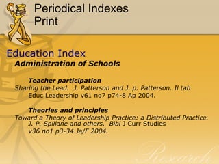 Periodical Indexes Print Education Index Administration of Schools Teacher participation Sharing the Lead.  J. Patterson and J. p. Patterson. Il tab  Educ Leadership v61 no7 p74-8 Ap 2004. Theories and principles Toward a Theory of Leadership Practice: a Distributed Practice.  J. P. Spillane and others.  Bibl  J Curr Studies   v36 no1 p3-34 Ja/F 2004. 