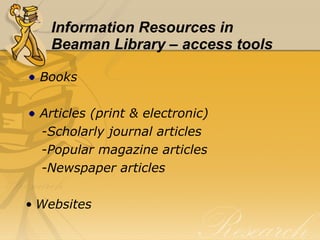 Information Resources in  Beaman Library – access tools Books Articles (print & electronic) -Scholarly journal articles -Popular magazine articles -Newspaper articles Websites 