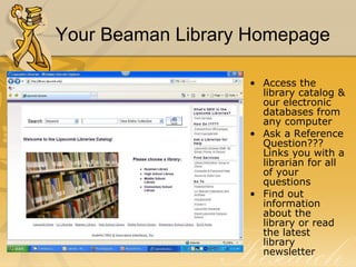 Your Beaman Library Homepage Access the library catalog & our electronic databases from any computer Ask a Reference Question??? Links you with a librarian for all of your questions Find out information about the library or read the latest library newsletter 