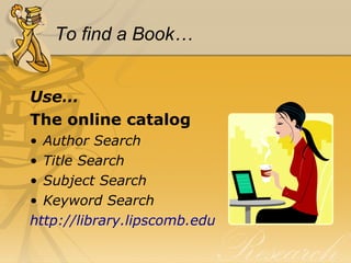 To find a Book… Use… The online catalog Author Search Title Search Subject Search Keyword Search http://library.lipscomb.edu 