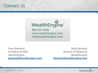 Contact Us




                             800.933.4446
                             www.wealthengine.com
                             info@wealthengine.com



    Tony Glowacki                                        Sally Boucher
    President & CEO                               Director of Research
    WealthEngine                                         WealthEngine
    glowacki@wealthengine.com              sboucher@wealthengine.com



wealthengine.com | Page 49
 
