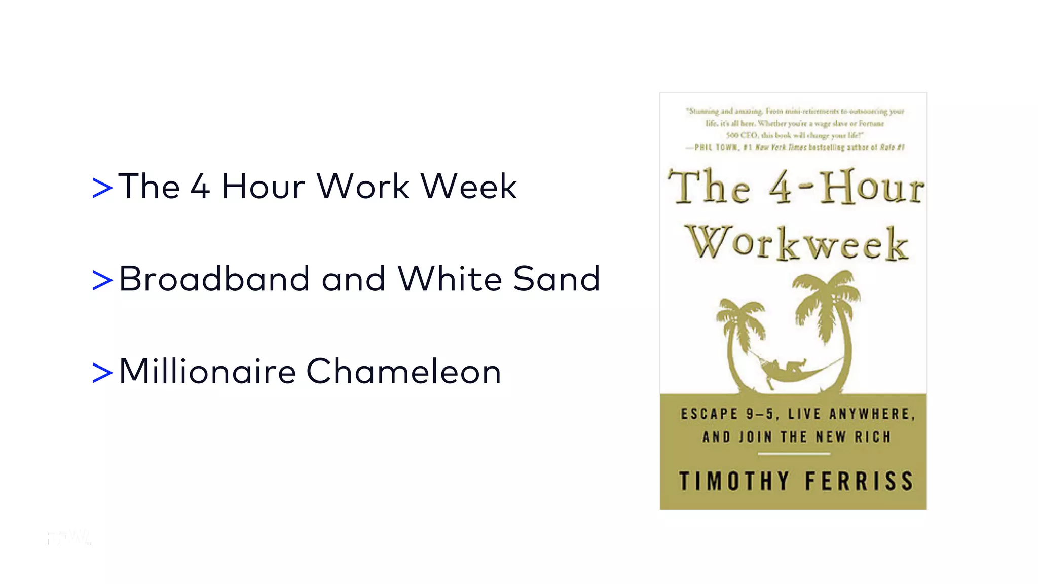 >The 4 Hour Work Week
>Broadband and White Sand
>Millionaire Chameleon
 