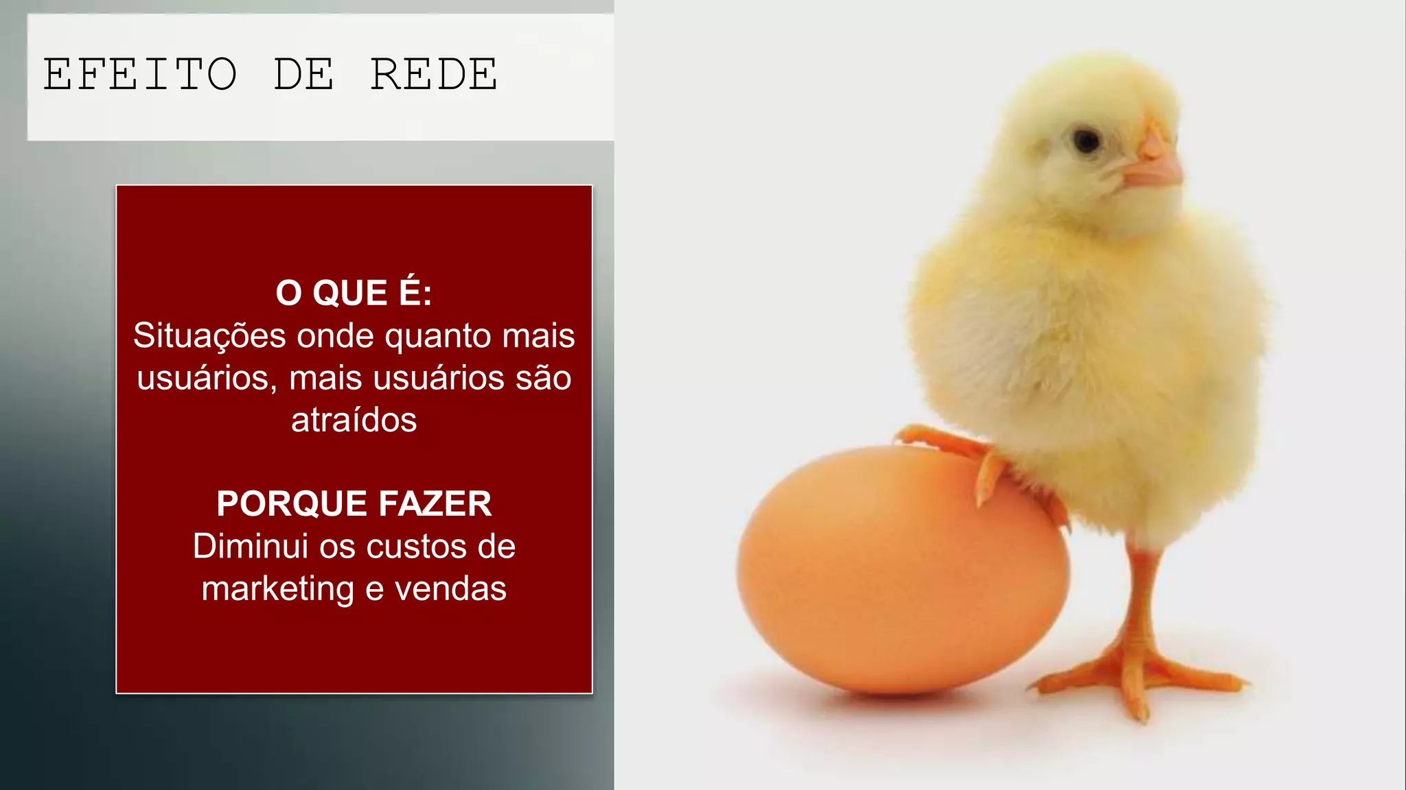 O QUE É:
Situações onde quanto mais
usuários, mais usuários são
atraídos

PORQUE FAZER
Diminui os custos de
marketing e vendas
EFEITO DE REDE
 