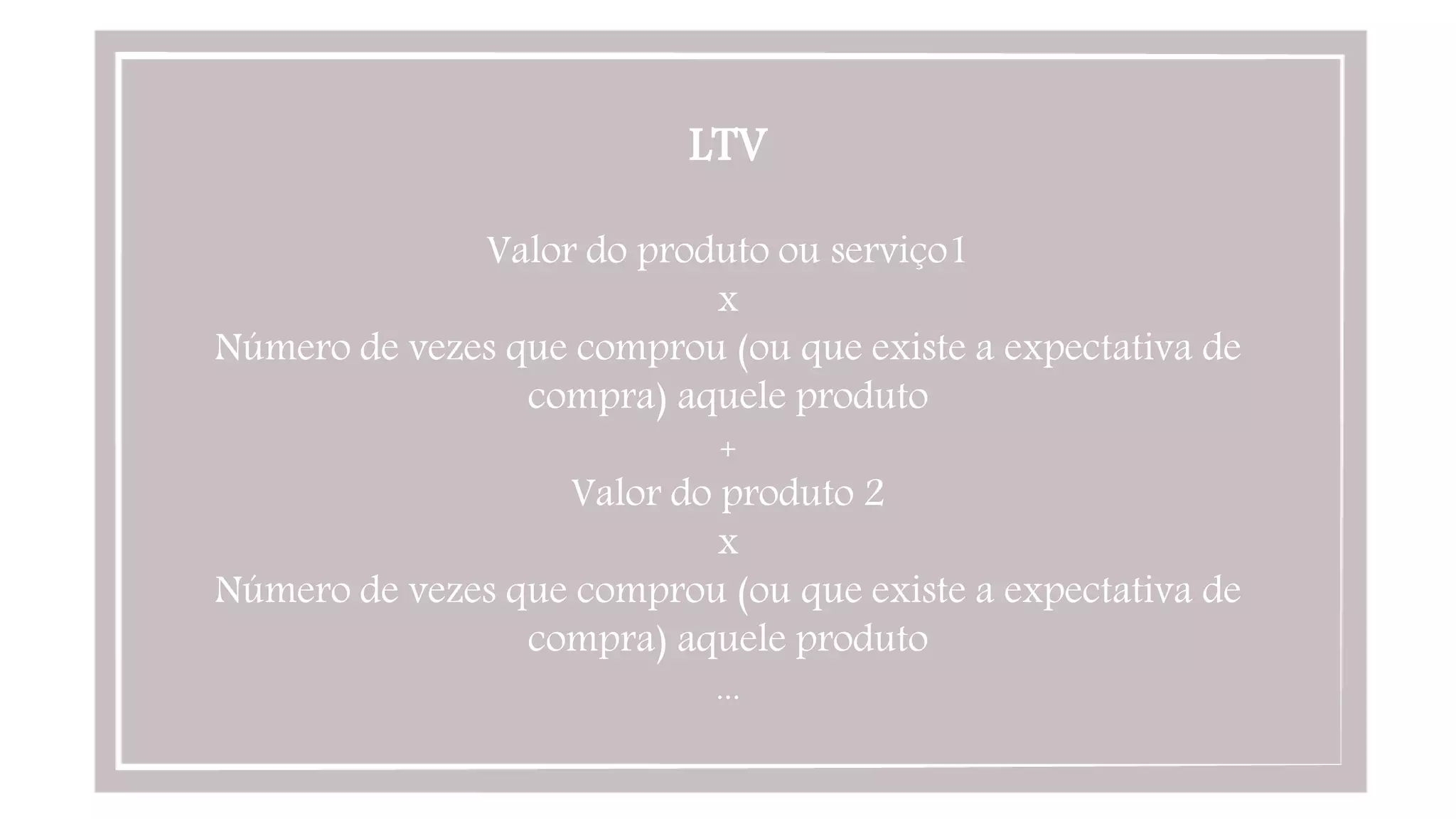 LTV

Valor do produto ou serviço1
x
Número de vezes que comprou (ou que existe a expectativa de
compra) aquele produto
+
Valor do produto 2
x
Número de vezes que comprou (ou que existe a expectativa de
compra) aquele produto
...
 