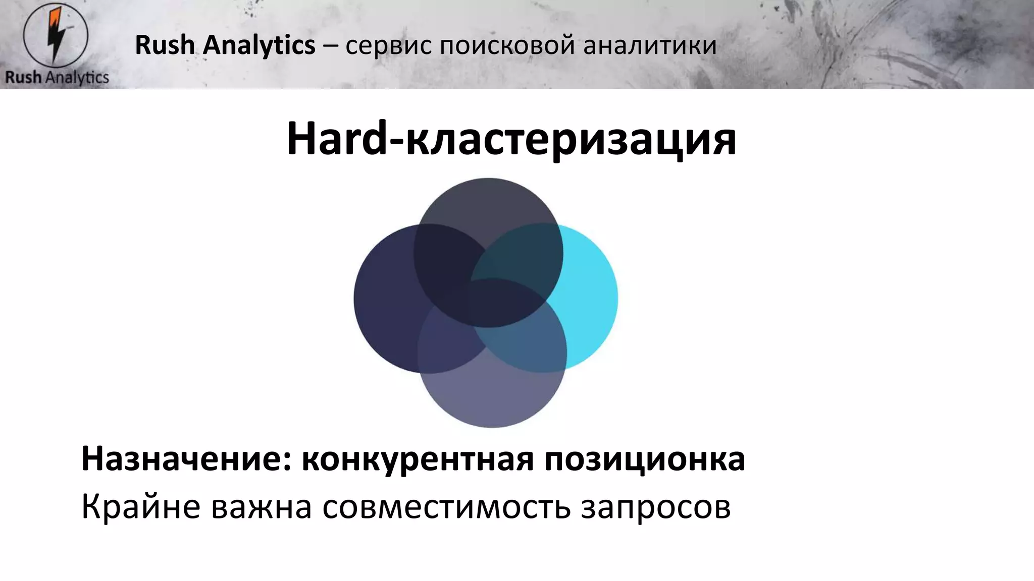 Рекламно-консалтинговое агентство Rush
Назначение: конкурентная позиционка
Крайне важна совместимость запросов
Hard-кластеризация
Rush Analytics – сервис поисковой аналитики
 