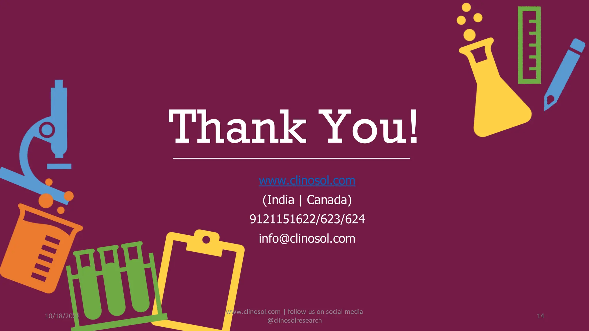 Thank You!
www.clinosol.com
(India | Canada)
9121151622/623/624
info@clinosol.com
10/18/2022
www.clinosol.com | follow us on social media
@clinosolresearch
14
 