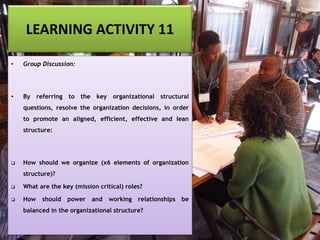 LEARNING ACTIVITY 11
• Group Discussion:
• By referring to the key organizational structural
questions, resolve the organization decisions, in order
to promote an aligned, efficient, effective and lean
structure:
❑ How should we organize (x6 elements of organization
structure)?
❑ What are the key (mission critical) roles?
❑ How should power and working relationships be
balanced in the organizational structure?
 