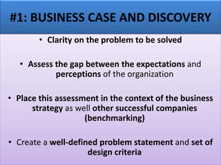 #1: BUSINESS CASE AND DISCOVERY
• Clarity on the problem to be solved
• Assess the gap between the expectations and
perceptions of the organization
• Place this assessment in the context of the business
strategy as well other successful companies
(benchmarking)
• Create a well‐defined problem statement and set of
design criteria
 