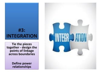 #3:
INTEGRATION
Tie the pieces
together ‐ design the
points of linkage
across boundaries
Define power
relationships
 