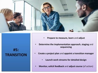 #5:
TRANSITION
• Prepare to measure, learn and adjust
• Determine the implementation approach, staging and
sequencing
• Create a project plan and appoint a transition manager
• Launch work streams for detailed design
• Monitor, solicit feedback and adjust course (of action)
 