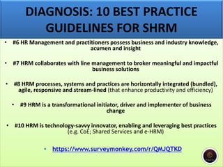 DIAGNOSIS: 10 BEST PRACTICE
GUIDELINES FOR SHRM
• #6 HR Management and practitioners possess business and industry knowledge,
acumen and insight
• #7 HRM collaborates with line management to broker meaningful and impactful
business solutions
• #8 HRM processes, systems and practices are horizontally integrated (bundled),
agile, responsive and stream-lined (that enhance productivity and efficiency)
• #9 HRM is a transformational initiator, driver and implementer of business
change
• #10 HRM is technology-savvy innovator, enabling and leveraging best practices
(e.g. CoE; Shared Services and e-HRM)
• https://www.surveymonkey.com/r/QMJQTKD
 