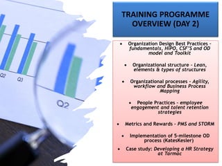 TRAINING PROGRAMME
OVERVIEW (DAY 2)
• Organization Design Best Practices –
fundamentals, HiPO, CSF’S and OD
model and Toolkit
• Organizational structure – Lean,
elements & types of structures
• Organizational processes – Agility,
workflow and Business Process
Mapping
• People Practices – employee
engagement and talent retention
strategies
• Metrics and Rewards – PMS and STORM
• Implementation of 5-milestone OD
process (KatesKesler)
• Case study: Developing a HR Strategy
at Tarmac
 