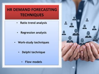 HR DEMAND FORECASTING
TECHNIQUES
• Ratio trend analysis
• Regression analysis
• Work-study techniques
• Delphi technique
• Flow models
 