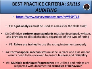 BEST PRACTICE CRITERIA: SKILLS
AUDITING
• https://www.surveymonkey.com/r/WS9PTL3
• #1: A job analysis must be used as a basis for the skills audit
• #2: Definitive performance standards must be developed, written,
and provided to all stakeholders, regardless of the type of rating
• #3: Raters are trained to use the rating instrument properly
• #4: Formal appeal mechanisms must be in place and assessment
results need to be reviewed to ensure fairness and reliability
• #5: Multiple techniques/approaches are utilized and ratings are
supported with documented examples of behaviour
 