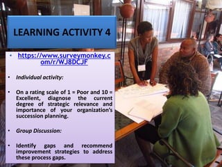 LEARNING ACTIVITY 4
• https://www.surveymonkey.c
om/r/WJ8DCJF
• Individual activity:
• On a rating scale of 1 = Poor and 10 =
Excellent, diagnose the current
degree of strategic relevance and
importance of your organization’s
succession planning.
• Group Discussion:
• Identify gaps and recommend
improvement strategies to address
these process gaps.
 