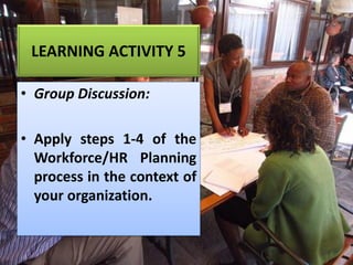LEARNING ACTIVITY 5
• Group Discussion:
• Apply steps 1-4 of the
Workforce/HR Planning
process in the context of
your organization.
 