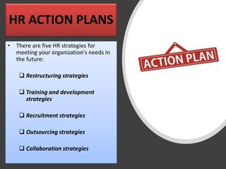 HR ACTION PLANS
• There are five HR strategies for
meeting your organization's needs in
the future:
❑ Restructuring strategies
❑ Training and development
strategies
❑ Recruitment strategies
❑ Outsourcing strategies
❑ Collaboration strategies
 