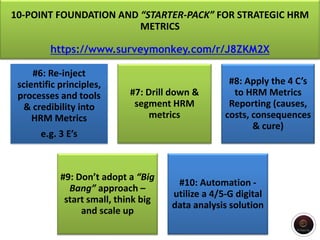 10-POINT FOUNDATION AND “STARTER-PACK” FOR STRATEGIC HRM
METRICS
https://www.surveymonkey.com/r/J8ZKM2X
#6: Re-inject
scientific principles,
processes and tools
& credibility into
HRM Metrics
e.g. 3 E’s
#7: Drill down &
segment HRM
metrics
#8: Apply the 4 C’s
to HRM Metrics
Reporting (causes,
costs, consequences
& cure)
#9: Don’t adopt a “Big
Bang” approach –
start small, think big
and scale up
#10: Automation -
utilize a 4/5-G digital
data analysis solution
 