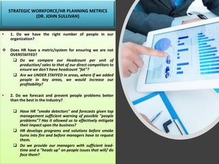 STRATEGIC WORKFORCE/HR PLANNING METRICS
(DR. JOHN SULLIVAN)
• 1. Do we have the right number of people in our
organization?
❖ Does HR have a metric/system for ensuring we are not
OVERSTAFFED?
❑ Do we compare our Headcount per unit of
production/ sales to that of our direct competitors to
ensure we don't have headcount "fat"?
❑ Are we UNDER STAFFED in areas, where if we added
people in key areas, we would increase our
profitability?
• 2. Do we forecast and prevent people problems better
than the best in the industry?
❑ Have HR "smoke detectors" and forecasts given top
management sufficient warning of possible "people
problems"? Has it allowed us to effectively mitigate
their impact upon the business?
❑ HR develops programs and solutions before smoke
turns into fire and before managers have to request
them.
❑ Do we provide our managers with sufficient lead-
time and a "heads up" on people issues that will/ do
face them?
 