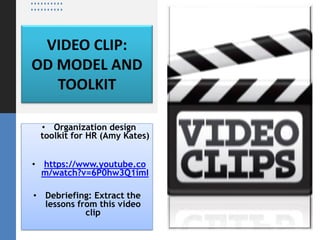 VIDEO CLIP:
OD MODEL AND
TOOLKIT
• Organization design
toolkit for HR (Amy Kates)
• https://www.youtube.co
m/watch?v=6P0hw3Q1imI
• Debriefing: Extract the
lessons from this video
clip
 