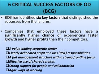 6 CRITICAL SUCCESS FACTORS OF OD
(BCG)
• BCG has identified six key factors that distinguished the
successes from the failures.
• Companies that employed these factors have a
significantly higher chance of experiencing faster
growth and higher profits than their competitors.
❑A value-adding corporate center
❑Clearly delineated profit and loss (P&L) responsibilities
❑A flat management structure with a strong frontline focus
❑Effective use of shared services
❑Strong support for people and collaboration
❑Agile ways of working
 