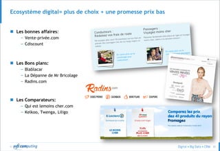 © 20
Ecosystème digital= plus de choix + une promesse prix bas
 Les bonnes affaires:
– Vente-privée.com
– Cdiscount
 Les Bons plans:
– Blablacar
– La Dépanne de Mr Bricolage
– Radins.com
 Les Comparateurs:
– Qui est lemoins cher.com
– Kelkoo, Twenga, Liligo
 