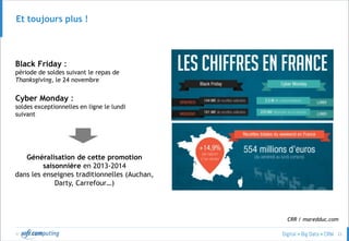 © 22
Et toujours plus !
Black Friday :
période de soldes suivant le repas de
Thanksgiving, le 24 novembre
Cyber Monday :
soldes exceptionnelles en ligne le lundi
suivant
Généralisation de cette promotion
saisonnière en 2013-2014
dans les enseignes traditionnelles (Auchan,
Darty, Carrefour…)
CRR / maredduc.com
 