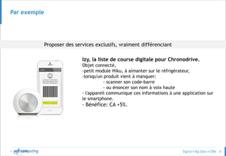 © 28
Par exemple
Proposer des services exclusifs, vraiment différenciant
Izy, la liste de course digitale pour Chronodrive.
Objet connecté,
-petit module Hiku, à aimanter sur le réfrigérateur,
-lorsqu'un produit vient à manquer:
- scanner son code-barre
- ou énoncer son nom à voix haute
- l'appareil communique ces informations à une application sur
le smartphone.
- Bénéfice: CA +5%.
 
