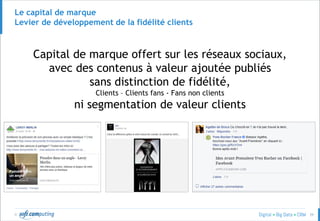 © 39
Le capital de marque
Levier de développement de la fidélité clients
Capital de marque offert sur les réseaux sociaux,
avec des contenus à valeur ajoutée publiés
sans distinction de fidélité,
Clients – Clients fans - Fans non clients
ni segmentation de valeur clients
 