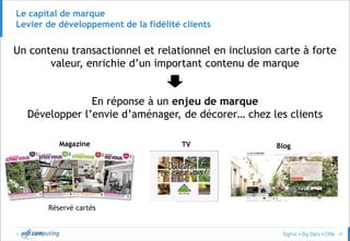 © 47
Un contenu transactionnel et relationnel en inclusion carte à forte
valeur, enrichie d’un important contenu de marque
BlogMagazine
En réponse à un enjeu de marque
Développer l’envie d’aménager, de décorer… chez les clients
TV
Réservé cartés
Le capital de marque
Levier de développement de la fidélité clients
 