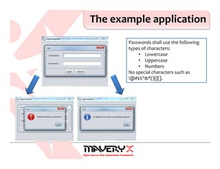 The example application
Passwords shall use the following
types of characters:
• Lowercase
• Uppercase
• Numbers
No special characters such as
!@#$%^&*(){}[].
 