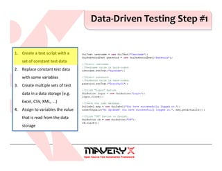 Data-Driven Testing Step #1
1. Create a test script with a
set of constant test data
2. Replace constant test data
with some variables
3. Create multiple sets of test
data in a data storage (e.g.
Excel, CSV, XML, ...)
4. Assign to variables the value
that is read from the data
storage
 