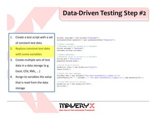 Data-Driven Testing Step #2
1. Create a test script with a set
of constant test data
2. Replace constant test data
with some variables
3. Create multiple sets of test
data in a data storage (e.g.
Excel, CSV, XML, ...)
4. Assign to variables the value
that is read from the data
storage
 