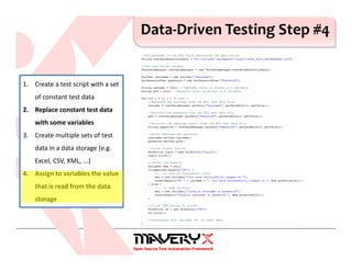 Data-Driven Testing Step #4
1. Create a test script with a set
of constant test data
2. Replace constant test data
with some variables
3. Create multiple sets of test
data in a data storage (e.g.
Excel, CSV, XML, ...)
4. Assign to variables the value
that is read from the data
storage
 