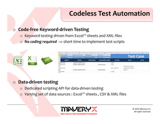 o Code-free Keyword-driven Testing
o Keyword testing driven from Excel™ sheets and XML files
o No coding required ⇒ short time to implement test scripts
o Data-driven testing
o Dedicated scripting API for data-driven testing
o Varying set of data sources : Excel™ sheets , CSV & XML files
Codeless Test Automation
© 2014 Maveryx srl.
All rights reserved.
 