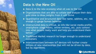 Data is the New Oil
 Data is to the new economy what oil was to the old
 Organizations that are able to collate and analyze their data
gold mine to draw insights from it will thrive
 Quantitative and structured data like name, address, etc. not
enough to gauge human behavior
 Unstructured data is critical, as info like social media profile,
smartphone usage habits, online reviews, etc. puts context
into what people really want and help you understand them
better
 Traditional Market research no longer enough to understand
customers
 Interconnections between IoT devices will further create
billions of new relationships that will not be driven by data,
but by algorithms.
 
