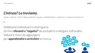 L’intruso? Lo troviamo.
Dobbiamo individuare e distinguere  
termini rilevanti e "negativi" da escludere o mitigare nell’analisi.  
Valutare nuovi da aggiungere
per approfondire e arricchire la ricerca.
QUALI SONO I DATI IRRILEVANTI? QUALI IMPORTANTI INVECE CI SONO SFUGGITI?
DATA DRIVEN UX
 