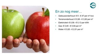 • Gebouwonderhoud: € 9 - € 47 per m² bvo
• Terreinonderhoud: € 0,98 - € 3,92 per m²
• Elektriciteit: € 0,08 - € 0,13 per kWh
• Gas: € 0,49 - € 0,94 per m³
• Water: € 0,65 - € 2,01 per m³
En zo nog meer…
 