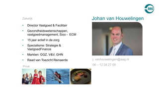 • Director Vastgoed & Facilitair
• Gezondheidswetenschappen,
vastgoedmanagement, Sioo - ECM
• 15 jaar actief in de zorg
• Specialisme: Strategie &
VastgoedFinance
• Markten: GGZ, V&V, GHN
• Raad van Toezicht Reinaerde
Johan van Houwelingen
j. vanhouwelingen@aag.nl
06 – 12 04 27 09
Privé
Zakelijk
 