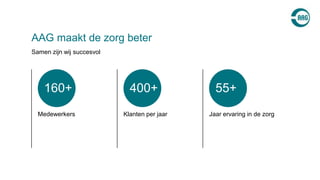 AAG maakt de zorg beter
Samen zijn wij succesvol
Medewerkers Klanten per jaar Jaar ervaring in de zorg
160+ 400+ 55+
 