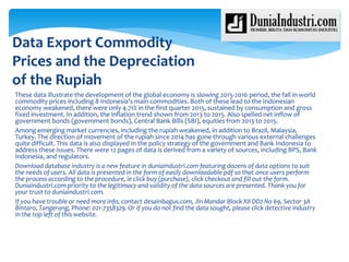 These data illustrate the development of the global economy is slowing 2015-2016 period, the fall in world
commodity prices including 8 Indonesia’s main commodities. Both of these lead to the Indonesian
economy weakened, there were only 4.71% in the first quarter 2015, sustained by consumption and gross
fixed investment. In addition, the inflation trend shown from 2013 to 2015. Also spelled net inflow of
government bonds (government bonds), Central Bank Bills (SBI), equities from 2013 to 2015.
Among emerging market currencies, including the rupiah weakened, in addition to Brazil, Malaysia,
Turkey. The direction of movement of the rupiah since 2014 has gone through various external challenges
quite difficult. This data is also displayed in the policy strategy of the government and Bank Indonesia to
address these issues. There were 12 pages of data is derived from a variety of sources, including BPS, Bank
Indonesia, and regulators.
Download database industry is a new feature in duniaindustri.com featuring dozens of data options to suit
the needs of users. All data is presented in the form of easily downloadable pdf so that once users perform
the process according to the procedure, ie click buy (purchase), click checkout and fill out the form.
Duniaindustri.com priority to the legitimacy and validity of the data sources are presented. Thank you for
your trust to duniaindustri.com.
If you have trouble or need more info, contact desainbagus.com, Jln Mandar Block XII DD2 No 69, Sector 3A
Bintaro, Tangerang, Phone: 021-7358329. Or if you do not find the data sought, please click detective industry
in the top left of this website.
Data Export Commodity
Prices and the Depreciation
of the Rupiah
 