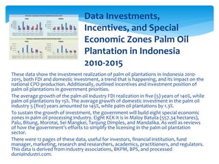 These data show the investment realization of palm oil plantations in Indonesia 2010-
2015, both FDI and domestic investment, a trend that is happening, and its impact on the
national CPO production. Additionally, outlined incentives and investment position of
palm oil plantations in government priorities.
The average growth of the palm oil industry FDI realization in five (5) years of 140%, while
palm oil plantations by 15%. The average growth of domestic investment in the palm oil
industry 5 (five) years amounted to 145%, while palm oil plantations by 1.3%.
To sustain the growth of investment, the government will build eight special economic
zones in palm oil processing industry. Eight KEK it is in Maloy Batuta (557.34 hectares),
Palu, Bitung, Morotai, Sei Mangkei, Tanjung Dimples, and Mandalika. As well as reviews
of how the government’s efforts to simplify the licensing in the palm oil plantation
sector.
There were 12 pages of these data, useful for investors, financial institution, fund
manager, marketing, research and researchers, academics, practitioners, and regulators.
This data is derived from industry associations, BKPM, BPS, and processed
duniaindustri.com.
Data Investments,
Incentives, and Special
Economic Zones Palm Oil
Plantation in Indonesia
2010-2015
 