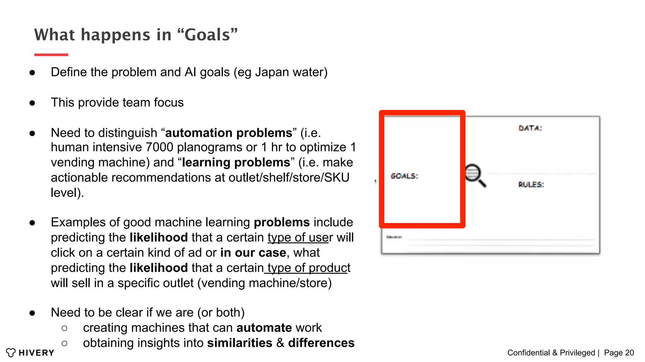 Confidential & Privileged | Page 20
What happens in “Goals”
●  Define the problem and AI goals (eg Japan water)
●  This provide team focus
●  Need to distinguish “automation problems” (i.e.
human intensive 7000 planograms or 1 hr to optimize 1
vending machine) and “learning problems” (i.e. make
actionable recommendations at outlet/shelf/store/SKU
level).
●  Examples of good machine learning problems include
predicting the likelihood that a certain type of user will
click on a certain kind of ad or in our case, what
predicting the likelihood that a certain type of product
will sell in a specific outlet (vending machine/store)
●  Need to be clear if we are (or both)
○  creating machines that can automate work
○  obtaining insights into similarities & differences
 