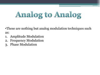 •These are nothing but analog modulation techniques such
as:
1. Amplitude Modulation
2. Frequency Modulation
3. Phase Modulation
 