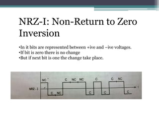 NRZ-I: Non-Return to Zero
Inversion
•In it bits are represented between +ive and –ive voltages.
•If bit is zero there is no change
•But if next bit is one the change take place.
 
